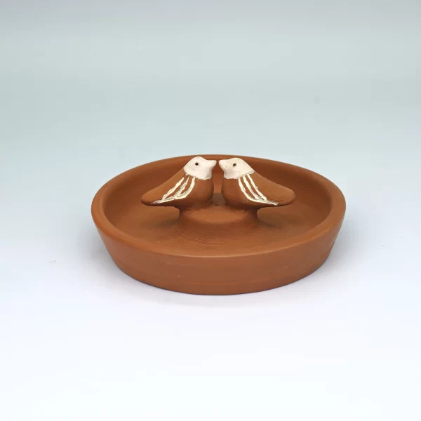 Adorno de ceramica, fuente de aves porta incienso color terracota - 12 cm dia. x 4 cm h